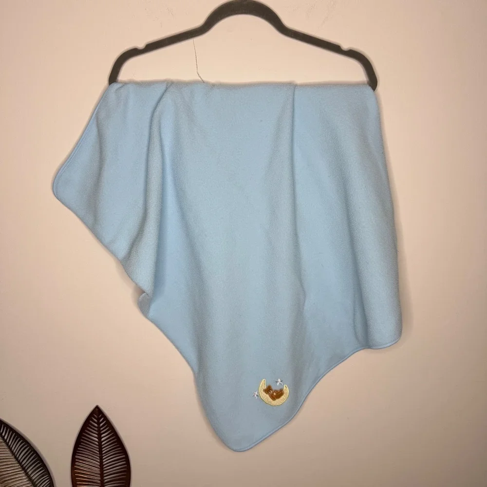 Cutie Pie Baby Blanket Blue Fleece Teddy Bear Moon Gingham Stripe Lining Vintage